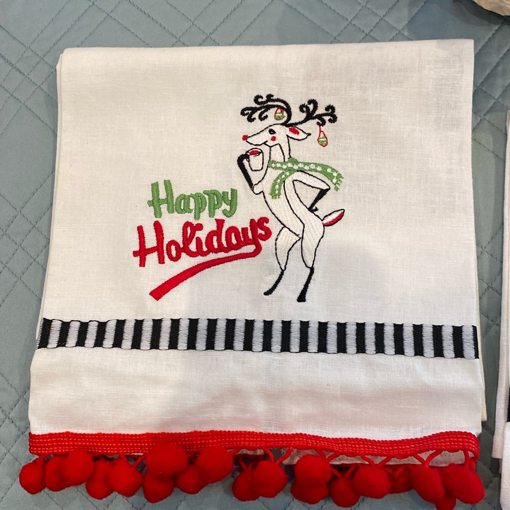 Set of two Christmas dishtowels embroidered with cute Pom poms